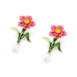 Elegant floral drop earrings with pink enamel flower and white pearl in gold finish