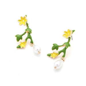 Elegant pastoral enamel flower earrings with yellow petals and white pearl drops