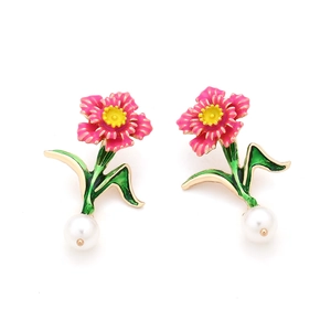 Elegant floral drop earrings with pink enamel petals and a round white pearl pendant