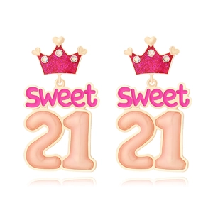 Boucles Oreilles Pendantes Anniversaire Sweet Twenty One Couronne Coeur Paillettes Email Alliage Zinc Strass Bijou Femme