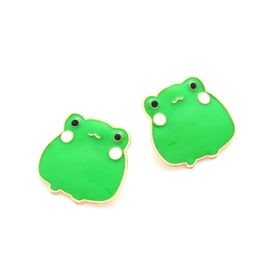 Funny green enamel frog stud earrings for women with cute cartoon animal design and gold trim