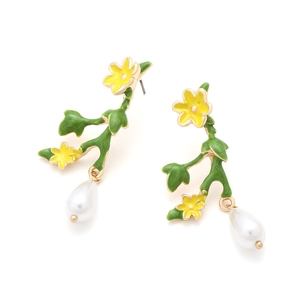 Elegant floral drop earrings with yellow flowers, green leaves and a white pearl droplet