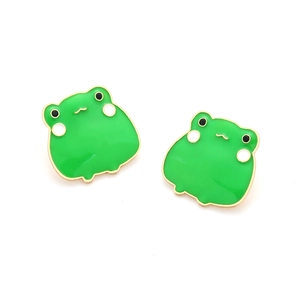 Cute green enamel frog stud earrings in gold metal frame for a playful look