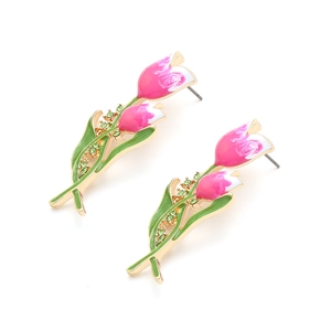 Boucles d'oreilles tulipes élégantes avec pétales en émail rose et cristaux verts