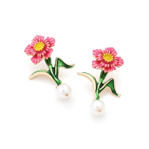 Elegant floral drop earrings with pink enamel flowers and white hanging pearls