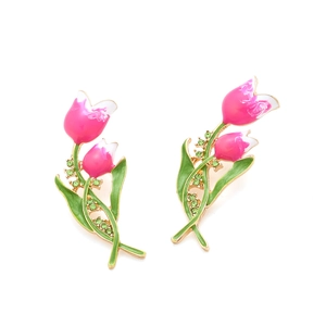 Boucles d'oreilles tulipes en émail élégant avec pétales roses et cristaux verts