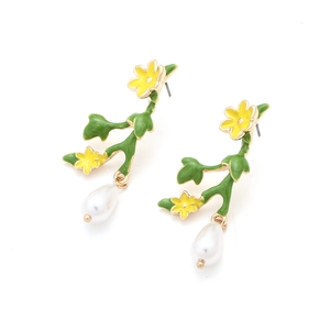 Floral drop earrings with yellow enamel flowers, green leaves and white teardrop pearls