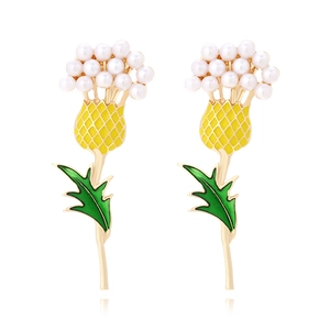 Thistle Flower Drop Earrings Vintage European Style Alloy Enamel Faux Artificial Pearl Jewelry For Women Elegant Floral Dangle