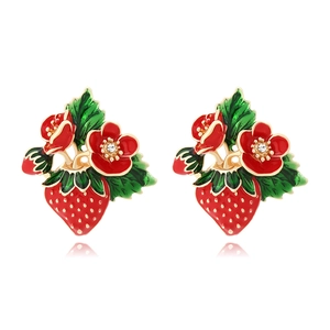 Strawberry Earrings Alloy Enamel Drip Oil Fruit Flower Rhinestone Cute Sweet Jewelry For Women