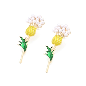 Elegant flower drop earrings with yellow enamel petals, green leaves and white pearls