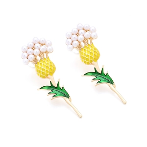 Golden thistle flower earrings with white pearls and yellow green enamel accents
