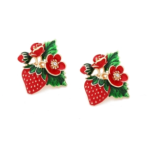 Chic strawberry enamel drop earrings in gold finish with sparkling zircon accents