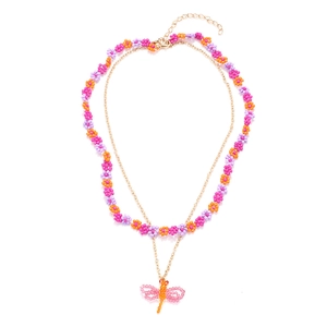 Bohemian Double Layered Necklace Handmade Beaded Colorful Flower Dragonfly Pendant Alloy Crystal Jewelry For Women Vacation Style