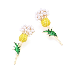 Elegant floral drop earrings with yellow enamel, green leaves and white pearls