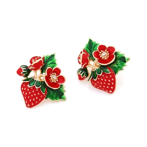 Charming enamel strawberry stud earrings with green leaves and rhinestones for women