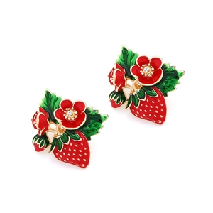 Cute strawberry enamel stud earrings with red flowers and green leaves in alloy gold finish