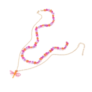 Bohemian double-layered beaded necklace with pink dragonfly pendant and floral patterns