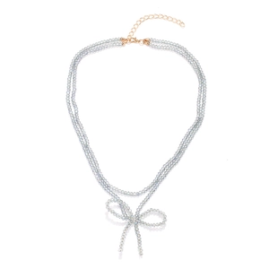 Mehrlagige Perlenkette Kristall Glasperlen Schleife Anhänger Böhmischer Eleganter Schmuck Für Frauen Handgefertigt Verstellbar