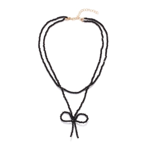Zweilagige schwarze Kristallperlenkette mit goldenem Schleifenanhänger und Karabinerverschluss