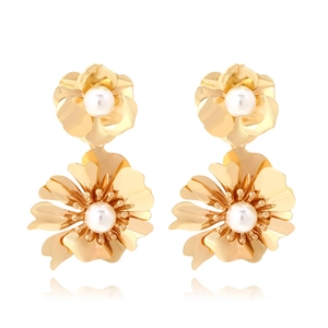 Double Layer Flower Drop Earrings Gold Plated Metal With Imitation Artificial Pearl Vintage Elegant 3D Floral Dangle Jewelry For Women