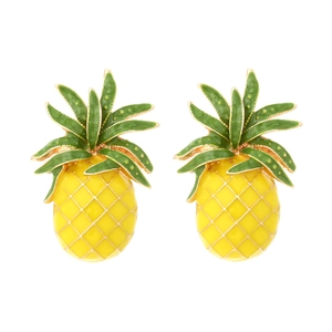 Sweet enamel tropical pineapple stud earrings with yellow fruit and green leaf accents