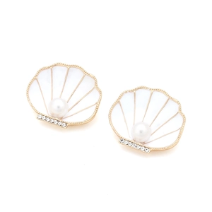 Boucles d'oreilles coquillage en émail blanc avec perle et cristaux scintillants
