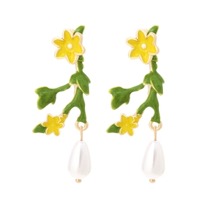 Elegant floral enamel drop earrings with yellow petals, green leaves and white pearls