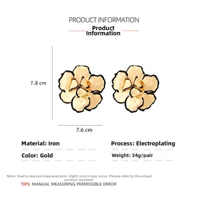 Detailed specs of oversized gold enamel flower earrings with iron plating and dimensions