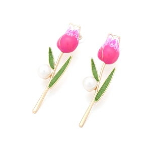 Elegant gold tulip earrings with pink enamel flower petals and white pearl accent
