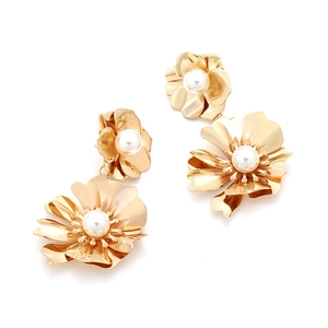 Elegant gold double flower drop earrings with white pearl centers in a 3D metallic design