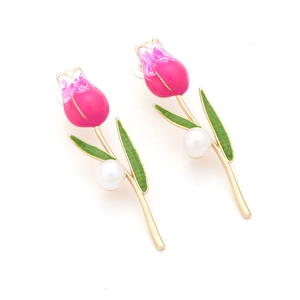 Elegant rose pink enamel tulip earrings with green leaves and white pearl drop accents