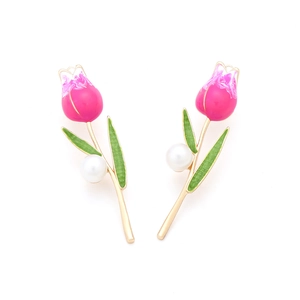 Elegant gold tulip earrings with pink enamel flower and a delicate white pearl accent
