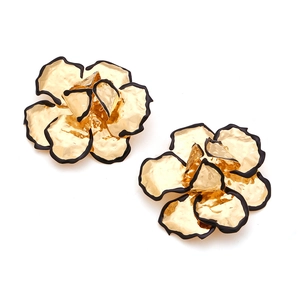ZA style layered metal flower studs with black enamel edges and hammered gold texture
