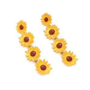 Chic long sunflower dangle earrings with four tiered yellow enamel flowers for women