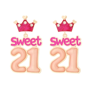 Boucles d'oreilles 21e anniversaire roses avec couronne, lettrage Sweet et strass