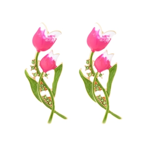 Boucles D'oreilles Tulipe Alliage Émail Dégradé Rose Blanc Bijoux D'oreille Floraux Avec Strass Verts Pour Femmes Mode