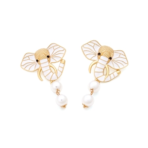 Exaggerated elephant drop earrings with white enamel finish and elegant faux pearl charms