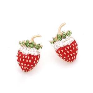 Boucles d'oreilles fraises mignonnes en émail rouge et cristaux verts sur métal doré