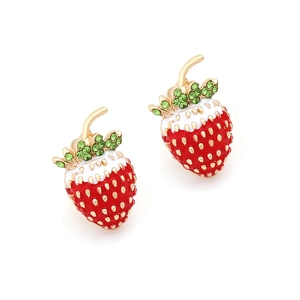 Boucles d'oreilles fraises rouges avec strass verts et design de fruits en émail