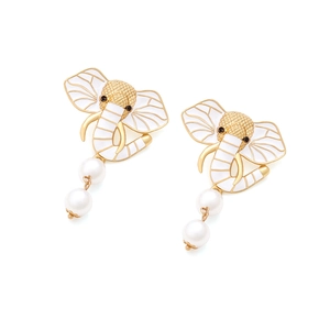 Exaggerated elephant drop earrings with enamel detailing and hanging white pearls