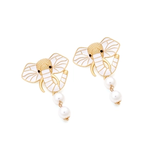 Creative elephant drop earrings with white enamel detailing and hanging white pearls
