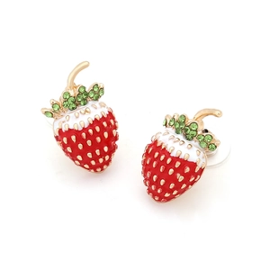 Boucles d'oreilles fraises à la mode en alliage avec émail rouge et cristaux verts