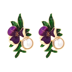 Boucles D'Oreilles Pendantes Fleurs En Émail Violet Avec Imitation Künstliche Perle Alliage De Zinc Bijoux Floraux Rétro Pour Femmes