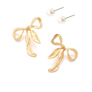 Vintage gold metal bow earrings and faux pearl stud set for women with glossy finish