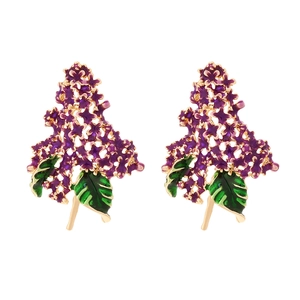 Boucles d'oreilles lilas violettes élégantes avec feuilles en émail vert et dorure