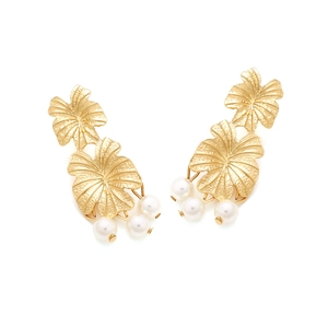 Exaggerated golden monstera leaf tassel earrings with white pearls and hammered texture