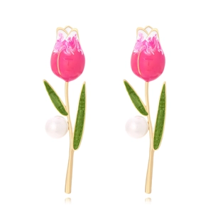 Elegant Tulip Flower Drop Earrings Enamel Floral Dangle With Imitation Artificial Pearl And Stainless Steel Earring Post For Women