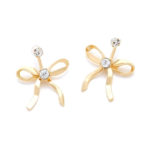 Chic gold alloy bow stud earrings with sparkling rhinestones in a minimalist design
