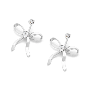Silver bow stud earrings set with sparkling rhinestones in a polished metal finish