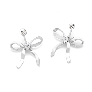 Silver bow stud earrings with clear sparkling crystals in a minimalist elegant design